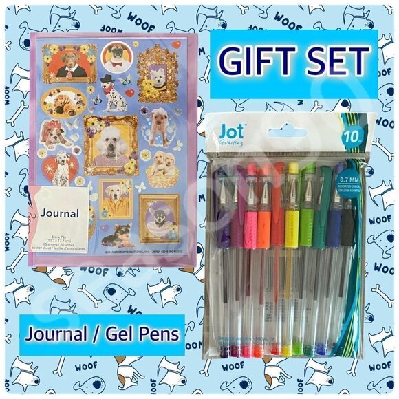 JOT 5x7 Journal w "Dogs in Frame" Sticker Pack / JOT 10-Pc Gel Pens SET - Picture 5 of 9